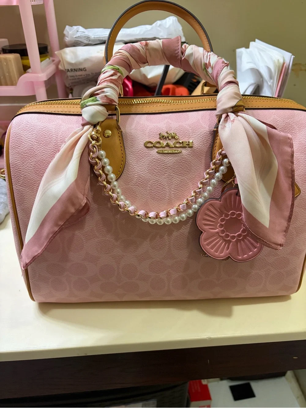 Coach Pink Signature Satchel with Pearl Chain & Floral Charm - Picture 1 of 7